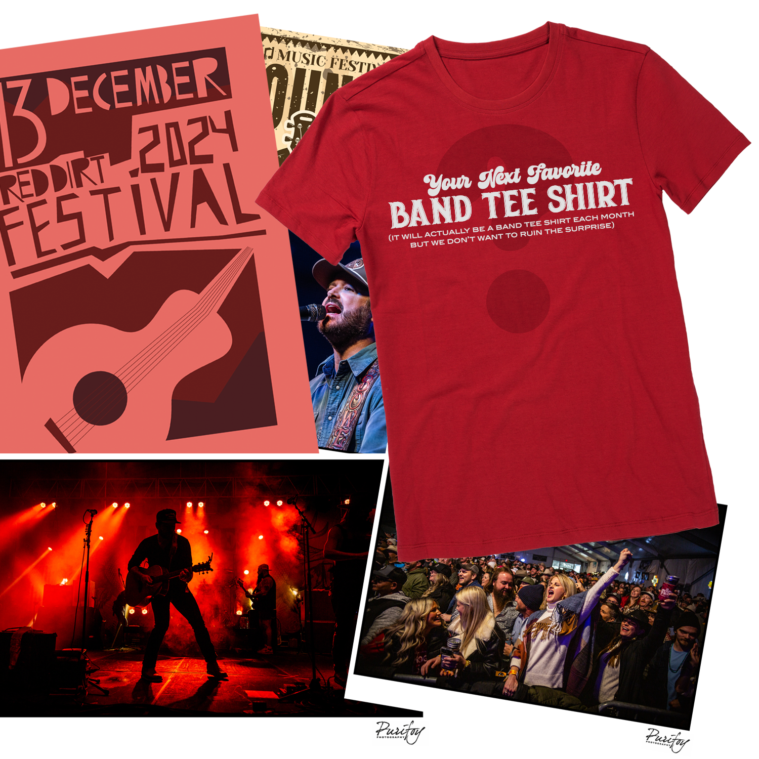 Collage of a mystery red dirt tee shirt, photos of red dirt country artists and a poster of an imaginary festival